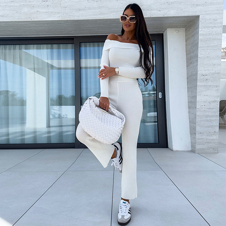 Damen elegante Knit-Jumpsuit mit schulterfreiem Design und weitem Bein Drune