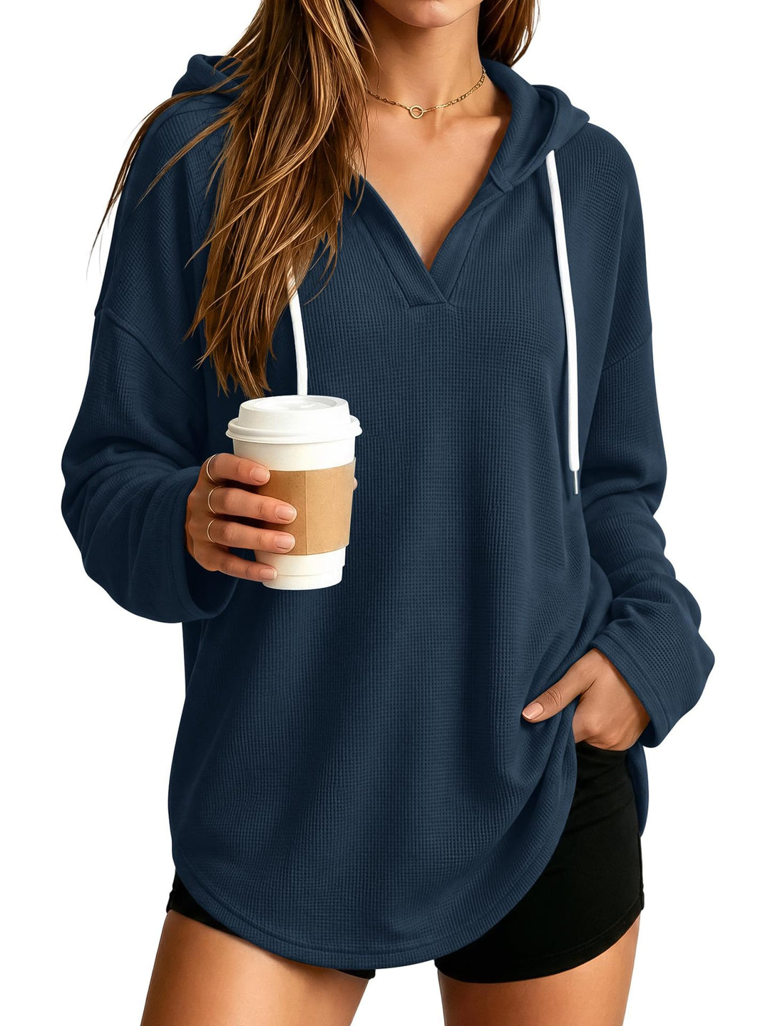 Damen Lässiger Kapuzenpullover mit Waffelstruktur Drune
