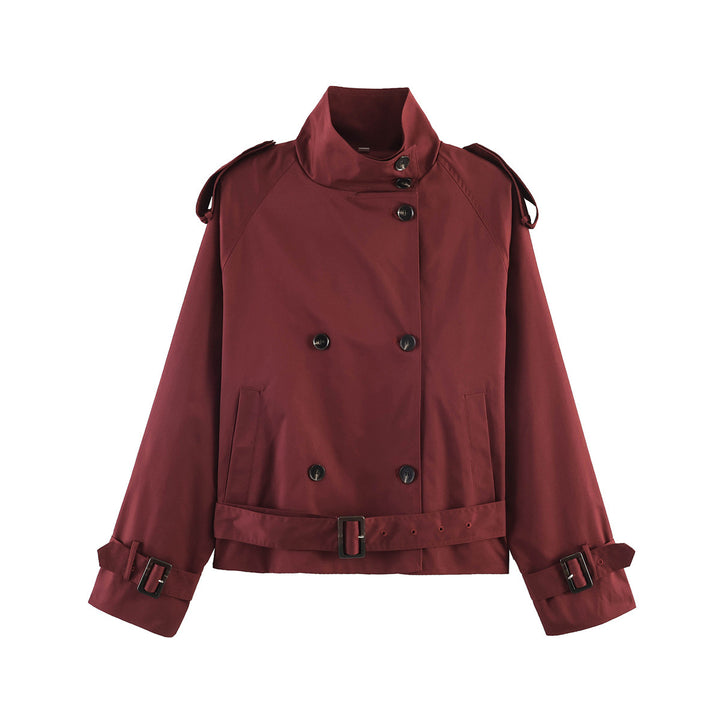 Damen 20+ kurzer Doppelreiher Trenchblouson im Boxy‑Cut mit Stehkragen Schulterklappen und verstellbarem Taillengürtel Drune