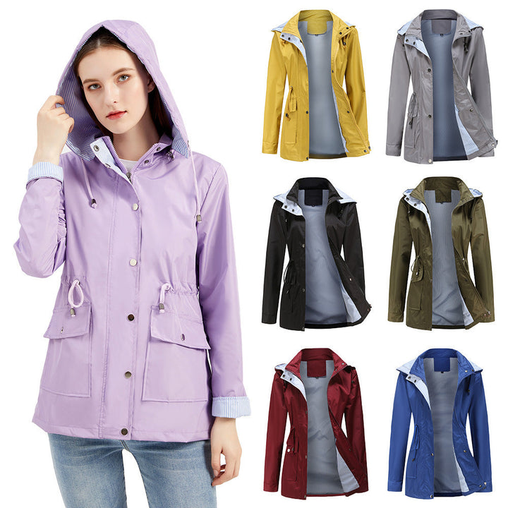 Damen Wetterfeste Regenjacke mit verstellbarem Kapuzenkragen und Taillenzug Drune