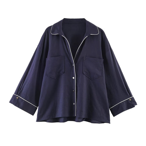 Damen Pyjama-inspirierte Oversize-Hemdbluse mit Kontrastpaspel und Brusttaschen Drune