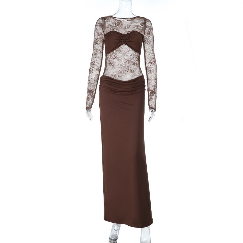 Damen Hochwertiges Maxikleid mit transparenten Langarmen Drune