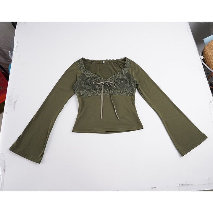 Damen Langärmeliges Slim-Fit Shirt mit Spitzen-Bustier-Einsatz und Zierschleife Drune