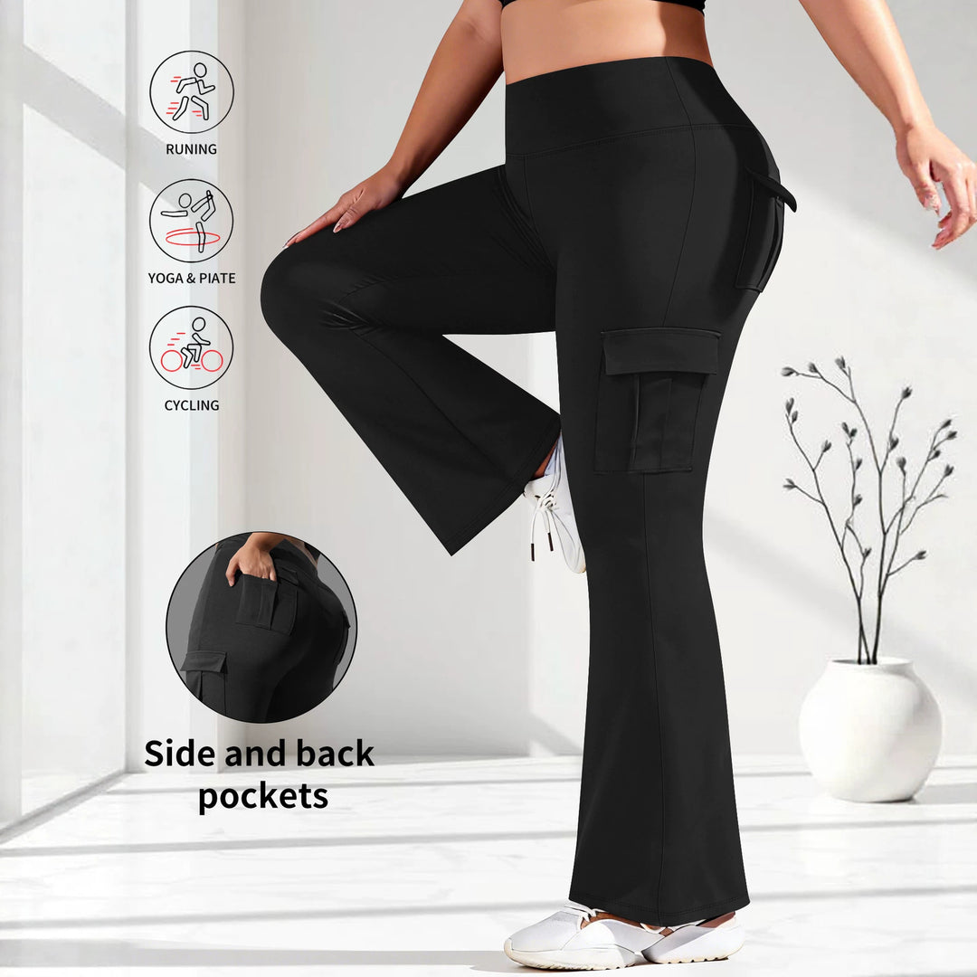 Damen High-Waist Cargo-Yoga-Flarehose mit Seitentaschen Drune