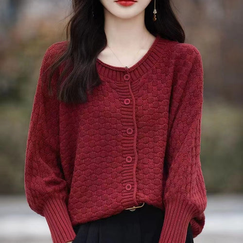 Damen lässiger Strickpullover mit Struktur und Knopfleiste Drune
