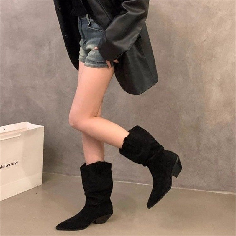 Damen Slouchy Western‑Stiefeletten mit spitzer Zehenform und sculpted Blockabsatz Drune