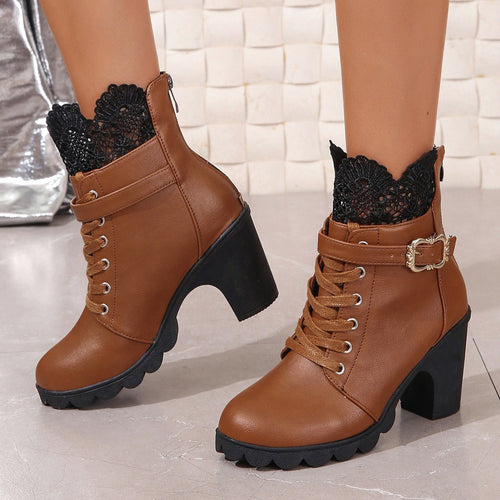 Damen Ankle Boots mit elegantem Spitzenbesatz und modischem Blockabsatz Drune