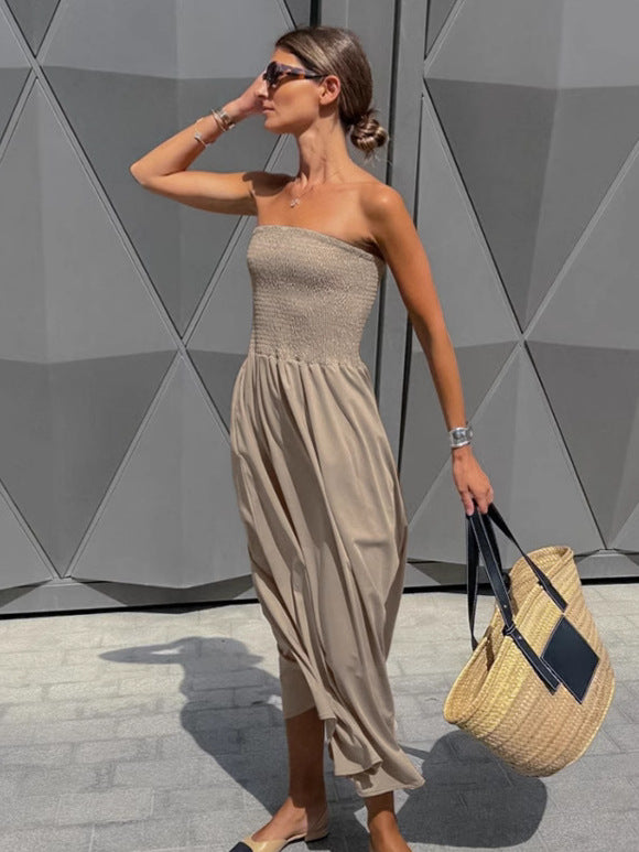 Damen Lange Boho-Strandkleid mit trägerlosem Design und raffiniertem Schnitt Drune