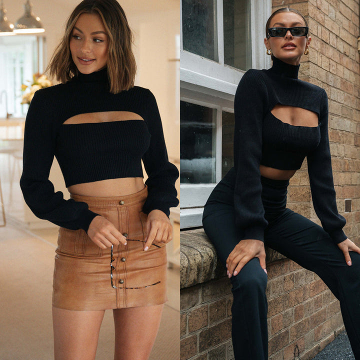 Damen eleganter croppierter Pullover mit hohem Kragen und Cut-Out Drune