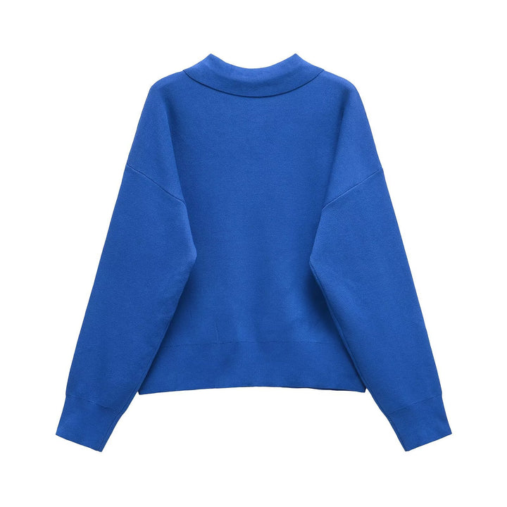 Damen Strick-Polo-Pullover mit Knopfleiste, Brusttasche und überschnittener Schulter Drune