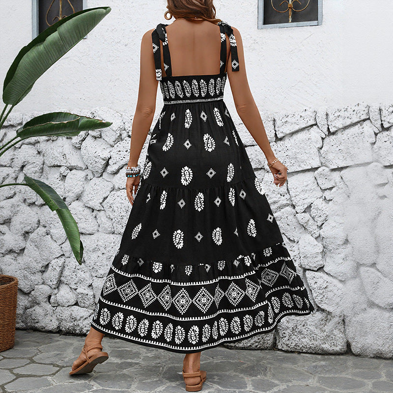 Damen Maxikleid mit Rüschendetails und Vintage-Muster Drune