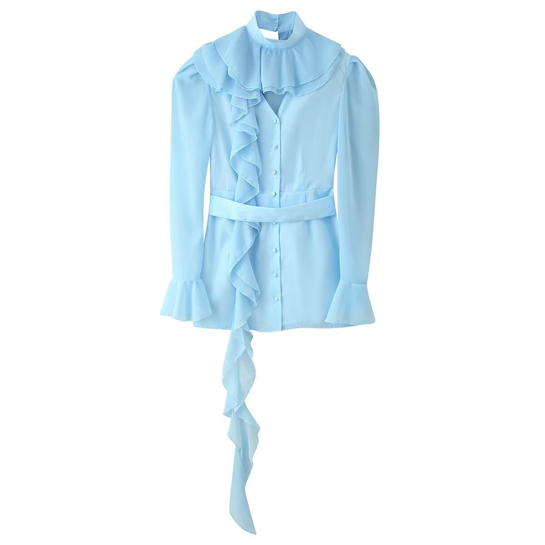 Damen Rüschenbluse mit Stehkragen, Volantdetails und Taillengürtel Drune
