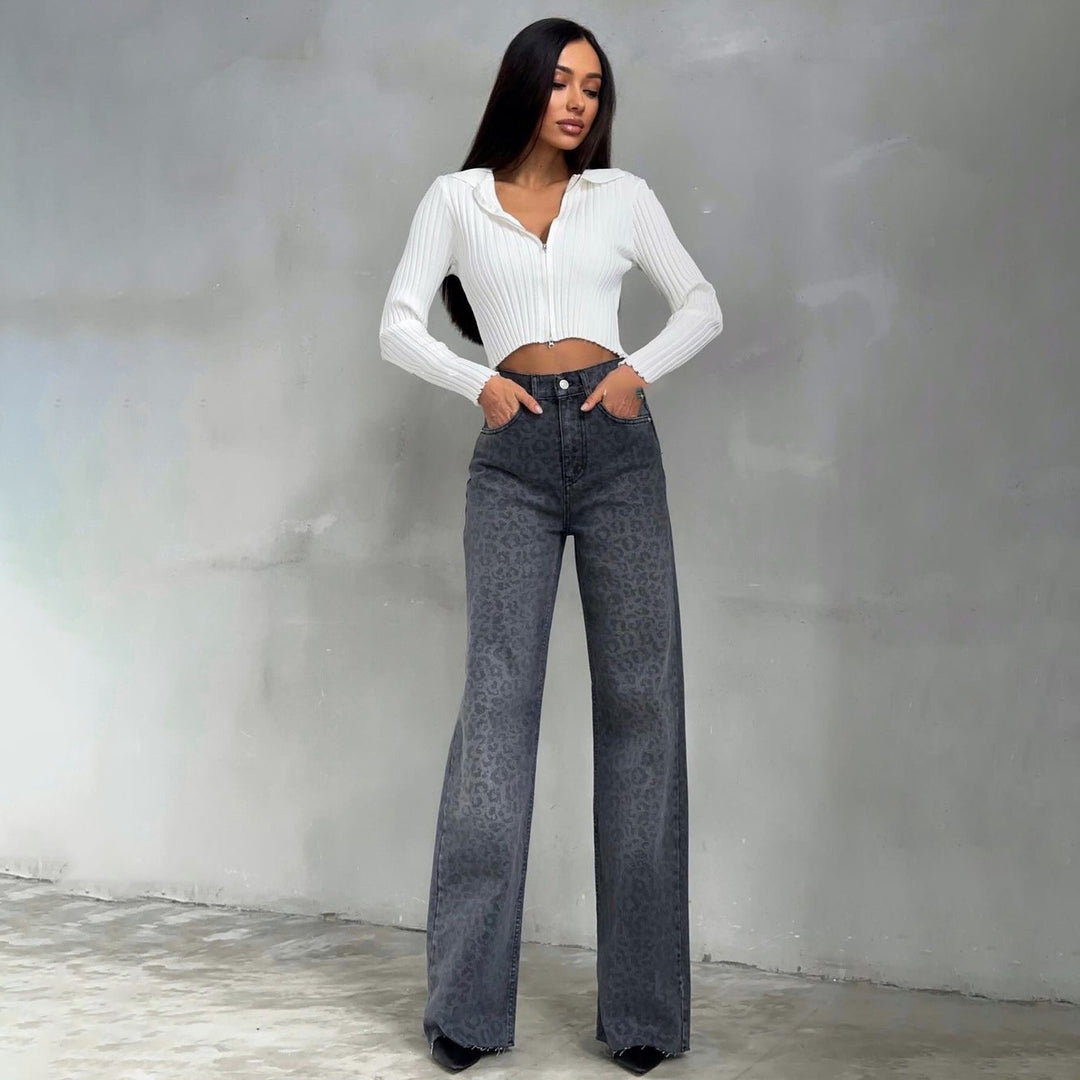 Damen Highwaist Schlagjeans mit dezenter Leo-Print, weitem Bein und rohem Saum Drune