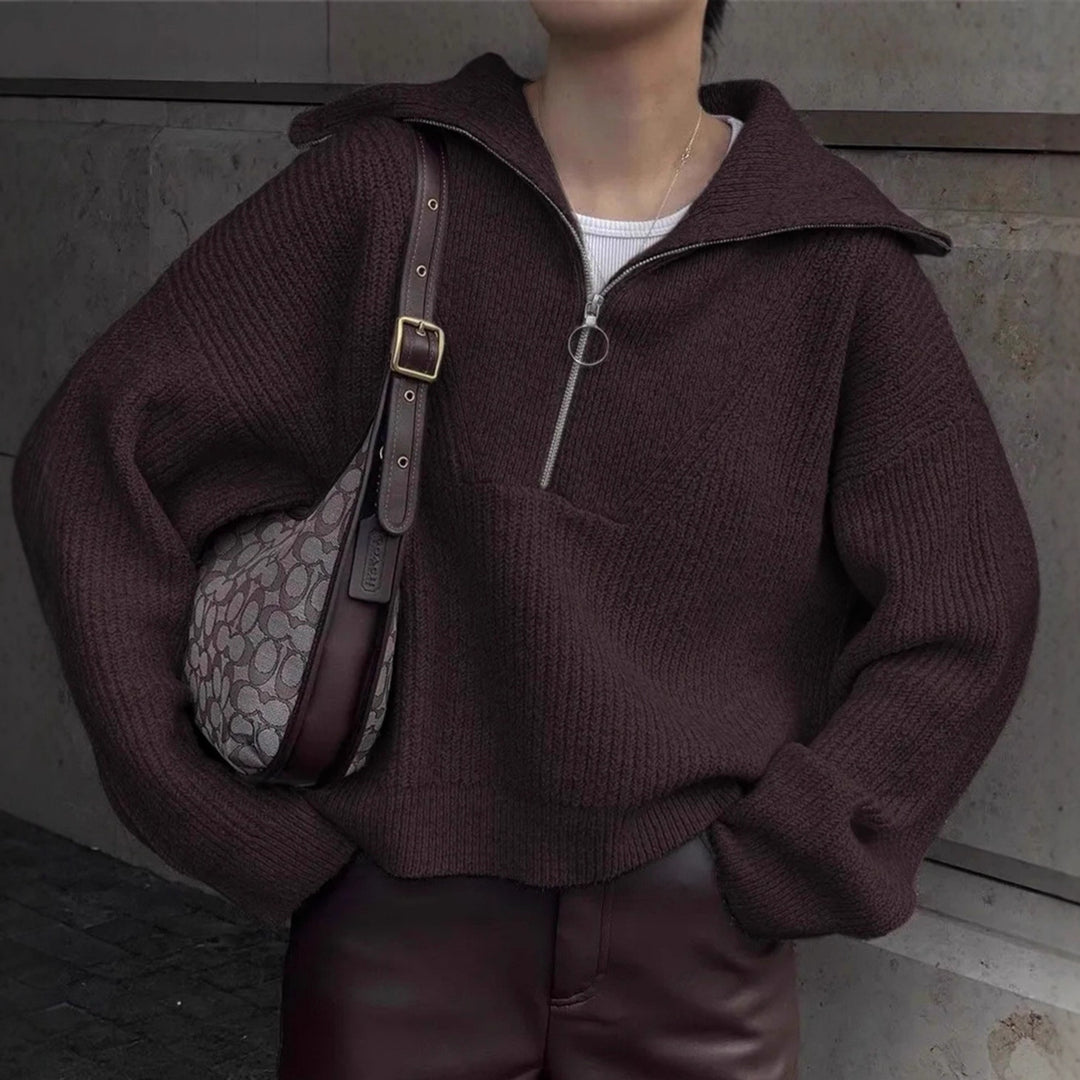Damen modischer Strickpullover mit hohem Kragen und Reißverschluss Drune