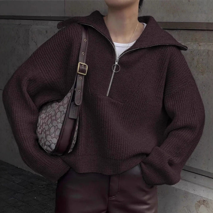 Damen modischer Strickpullover mit hohem Kragen und Reißverschluss Drune
