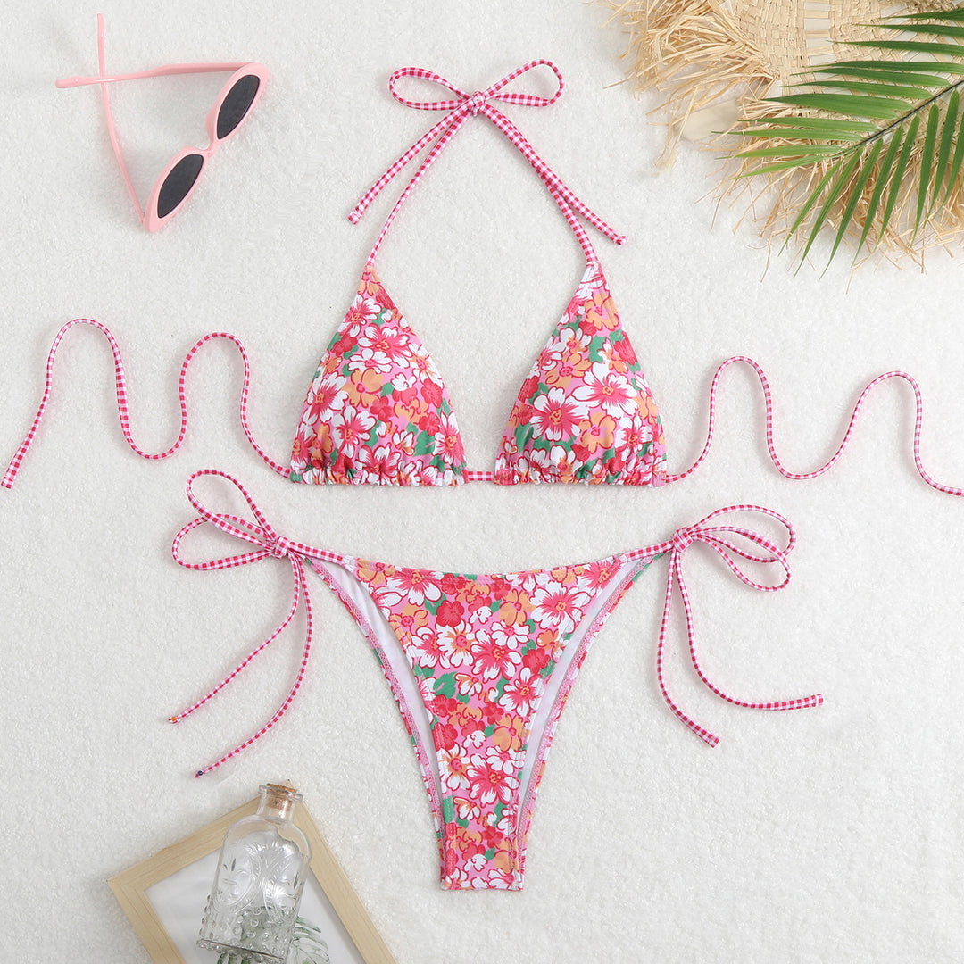 Damen Triangel-Bikini mit verspieltem Blumenmuster und Bindebändern Drune