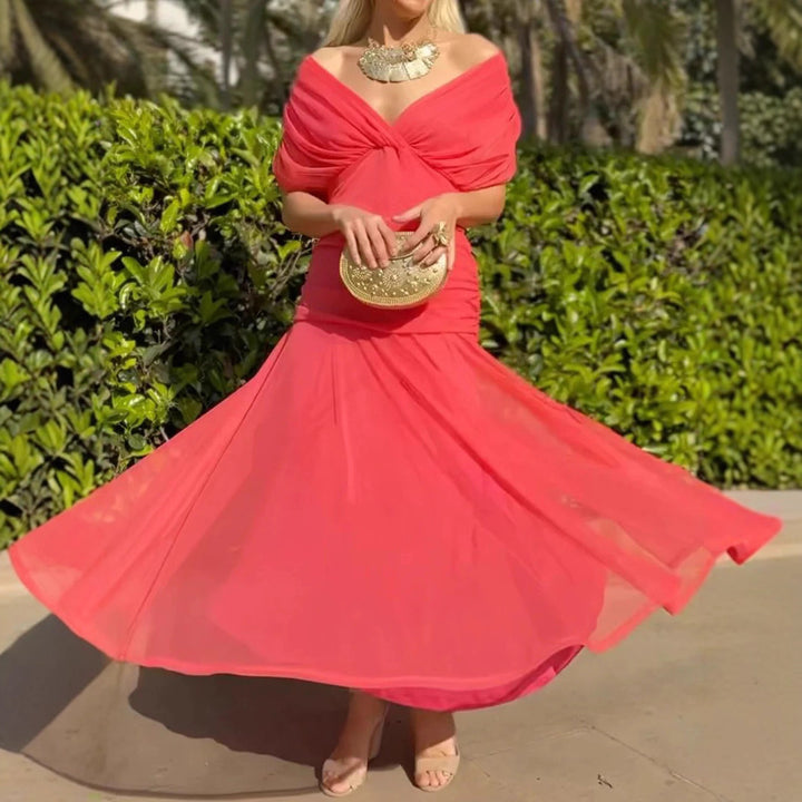 Damen nan elegantes bodenlanges Abendkleid mit drapierter Schulterpartie und luftiger Chiffon-Rock Drune