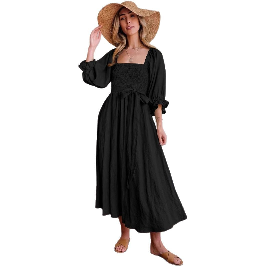 Damen elegantes, tailliertes Maxikleid mit Puffärmeln und Bindegürtel Drune