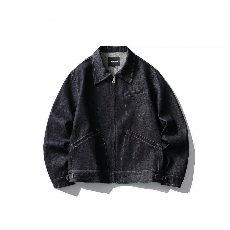Herren Boxy-Denimjacke im Worker-Stil mit durchgehendem Reißverschluss und Brusttasche Drune