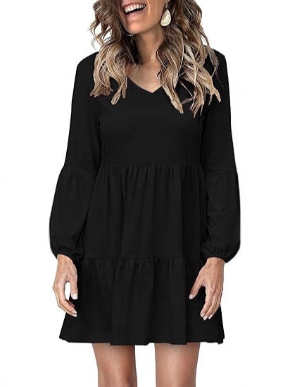 Damen Stufiges Mini-Kleid mit V-Ausschnitt und Ballonärmeln Drune