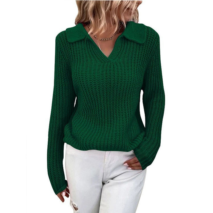 Damen V-Ausschnitt Strickpullover mit Kragen Drune