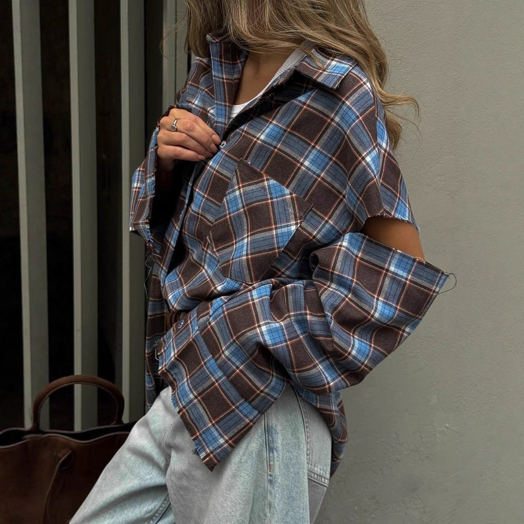 Damen karierte Oversize-Hemdjacke mit Cut-Out-Ärmeln und rohem Saum Drune