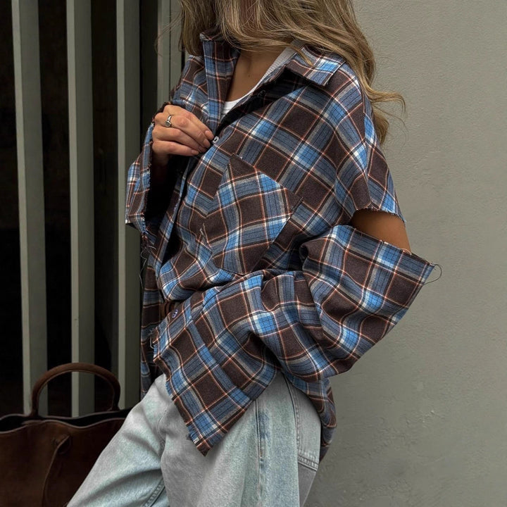 Damen karierte Oversize-Hemdjacke mit Cut-Out-Ärmeln und rohem Saum Drune