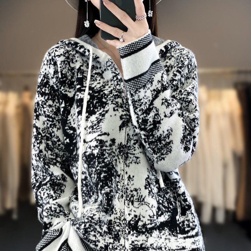 Damen Oversize Jacquard-Strickjacke mit Kapuze und Reißverschluss Drune
