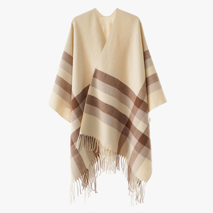 Damen Wollmix-Capeponcho im Oversize-Kimono mit Karomuster und Fransensaum Drune