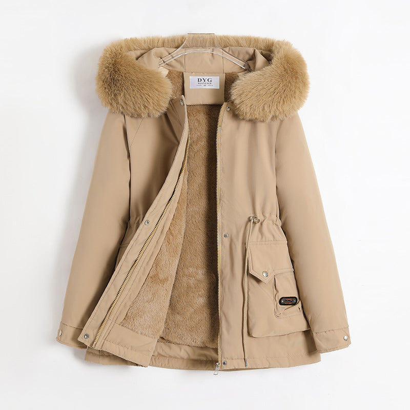 Damen nan kurzer Thermo-Parka mit voluminösem Schalkragen in Webpelzoptik und taillierendem Tunnelzug Drune