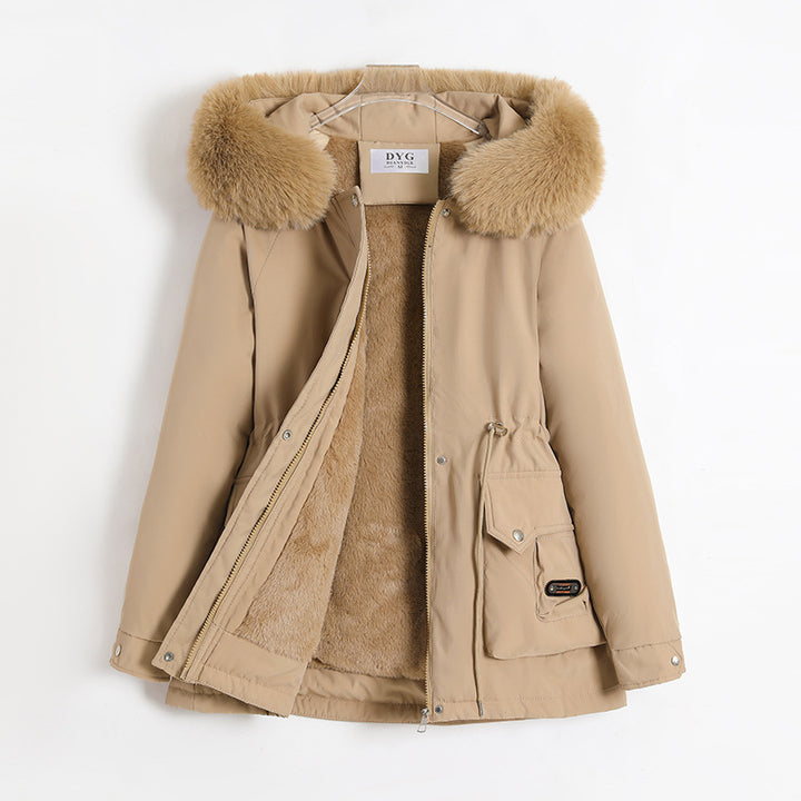 Damen nan kurzer Thermo-Parka mit voluminösem Schalkragen in Webpelzoptik und taillierendem Tunnelzug Drune
