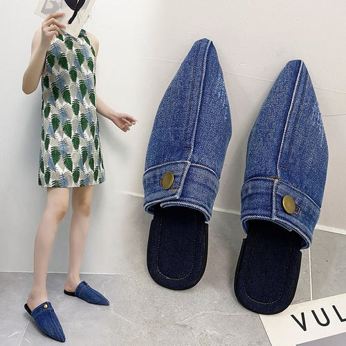 Damen Offene Mules mit elegantem Denim-Design und modischer Spitze Drune