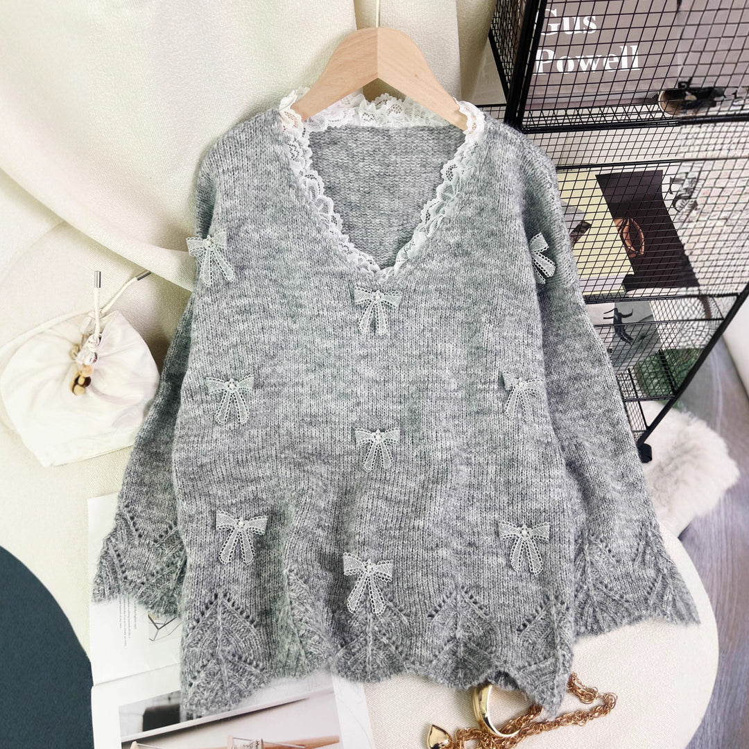 Damen modischer Strickpullover mit verspielten Schleifenapplikationen Drune