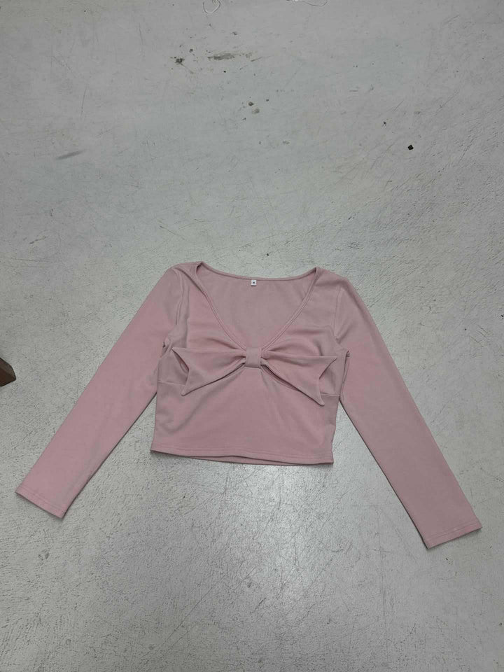 Damen nan Cropped-Longsleeve mit dekorativer Schleifenfront, V-Ausschnitt und figurbetonter Passform Drune