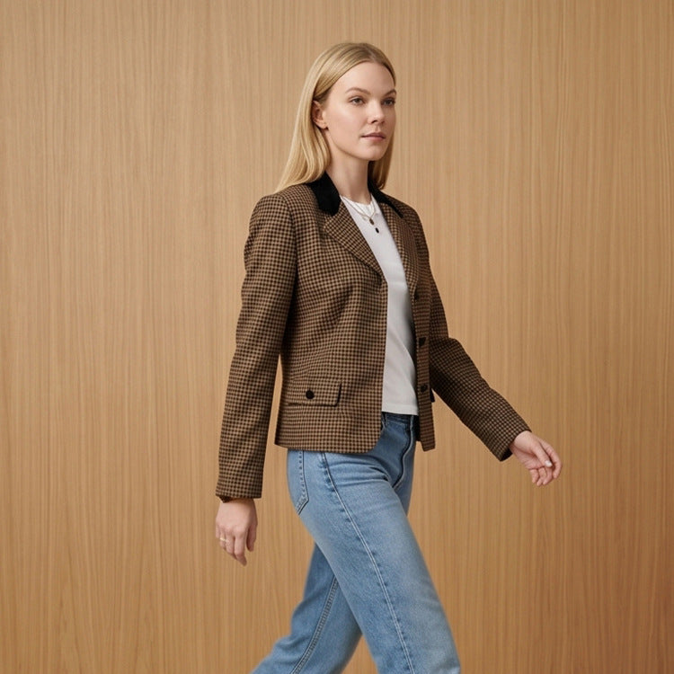 Damen Taillierter Hahnentritt-Blazer mit Samtkragen und Zweiknopfleiste Drune