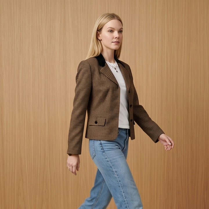 Damen Taillierter Hahnentritt-Blazer mit Samtkragen und Zweiknopfleiste Drune