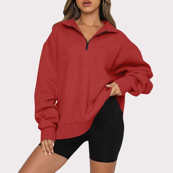 Damen nan oversized Sweatshirt mit halbem Reißverschluss, weichem Fleece-Innenfutter und Kängurutasche Drune