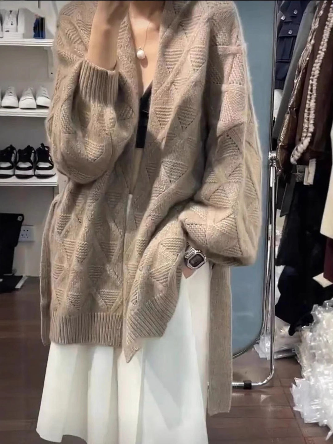 Damen Oversize-Cardigan aus Mohair‑Optik mit Zopfmuster Drune