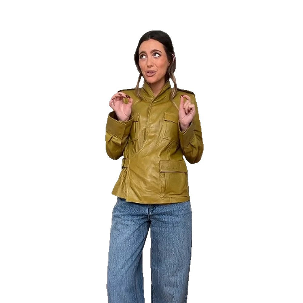 Damen Lederimitat-Utility-Jacke mit Stehkragen, Brustklappen & verdecktem Reißverschluss Drune