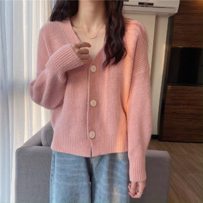 Damen lässige Strickjacke mit V-Ausschnitt und großen Knöpfen Drune