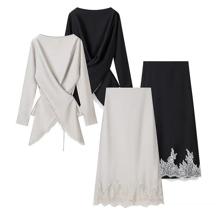 Damen nan Wickelblusen‑ und Midirock‑Set mit Spitzenbesatz Drune
