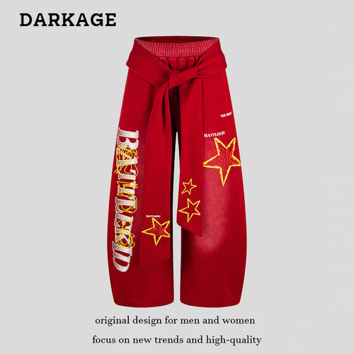 Damen Weite Palazzo-Culottehose mit integriertem Bindegürtel und Stern-Grafik Drune