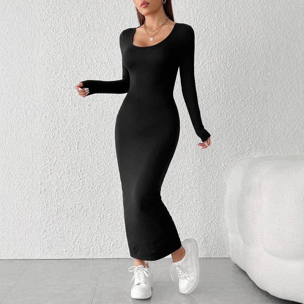Damen figurbetontes langärmeliges Maxikleid mit tiefem Rundhalsausschnitt formendem Stretch-Jersey und knöchellanger Silhouette Drune
