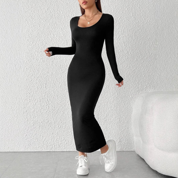 Damen figurbetontes langärmeliges Maxikleid mit tiefem Rundhalsausschnitt formendem Stretch-Jersey und knöchellanger Silhouette Drune