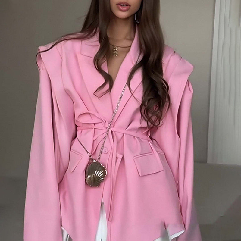 Damen Oversized Blazer mit Taillengürtel und eleganten Puffärmeln Drune