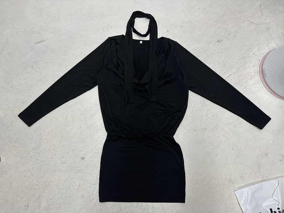 Damen nan figurbetontes Langarm-Minikleid mit Wickel‑V‑Ausschnitt, angesetzter Schluppe und taillierter Raffung Drune