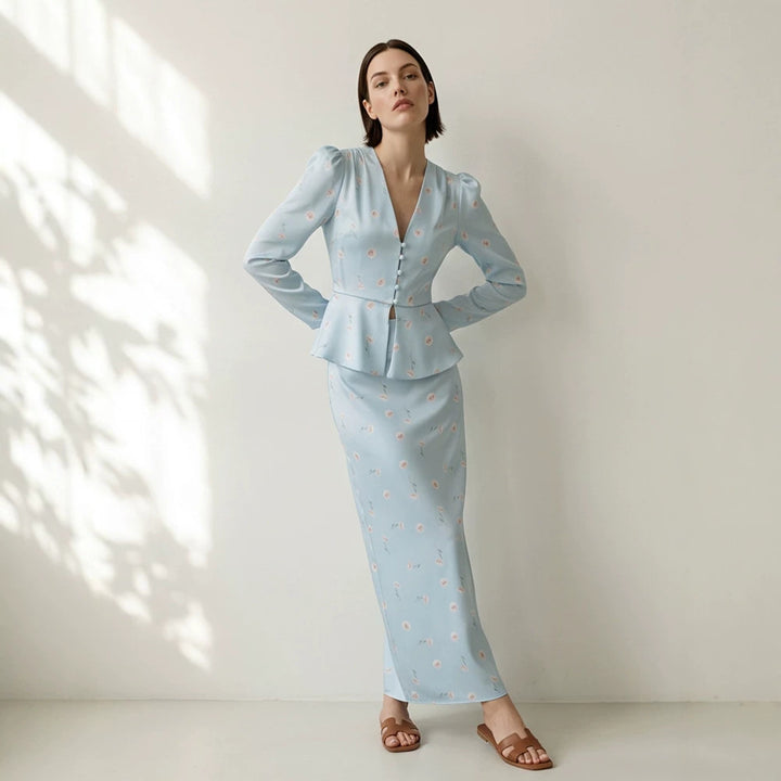 Damen Zweiteiliges tailliertes Blusen- und Maxirock-Set mit V-Ausschnitt und Knopfdetails Drune