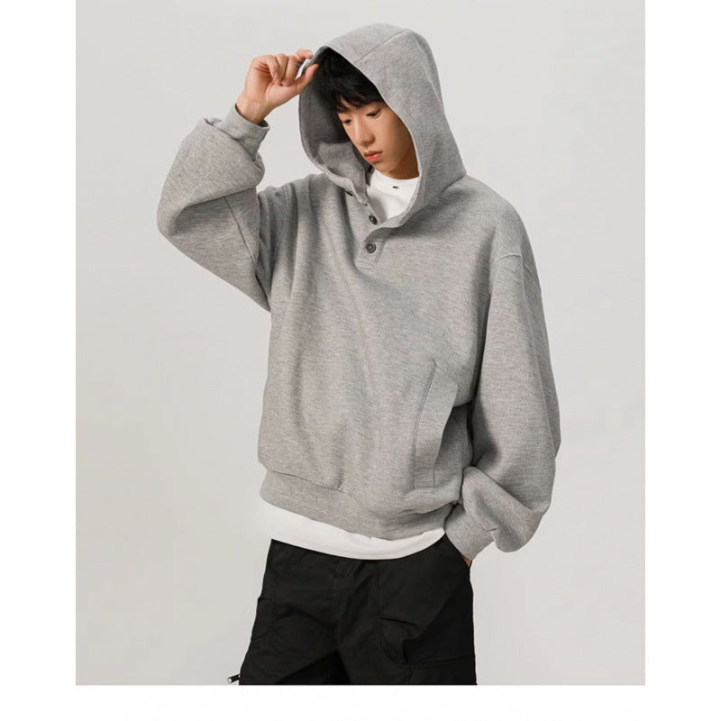 Herren Oversized Kapuzenpullover mit 3‑Knopf‑Leiste und seitlichen Eingrifftaschen Drune
