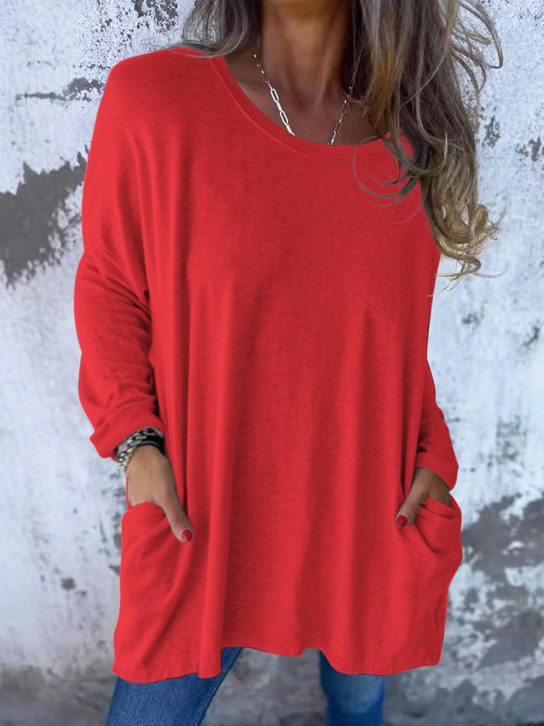 Damen Weiches Oversize Langarmshirt mit Rundhalsausschnitt, Lässigen Ärmeln und Seitentaschen Drune