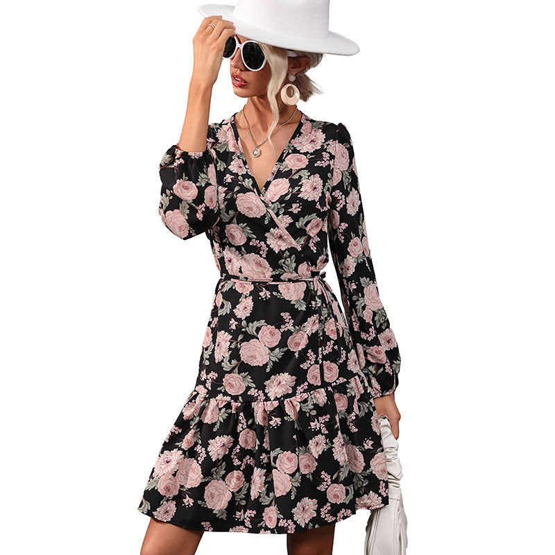 Damen Florales Wickel-Minikleid mit taillierter Schärpe und hohem Beinschlitz Drune